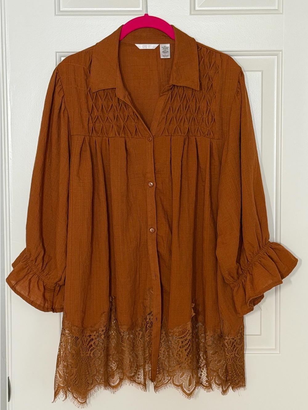 Boho Rust Brown Button-Front Tunic with Lace Trim